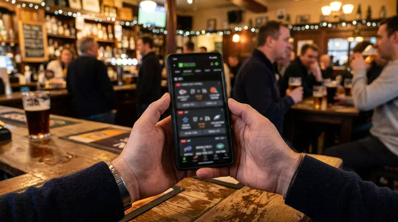 Close-up of hands holding a smartphone displaying NFL game scores with a UK pub background