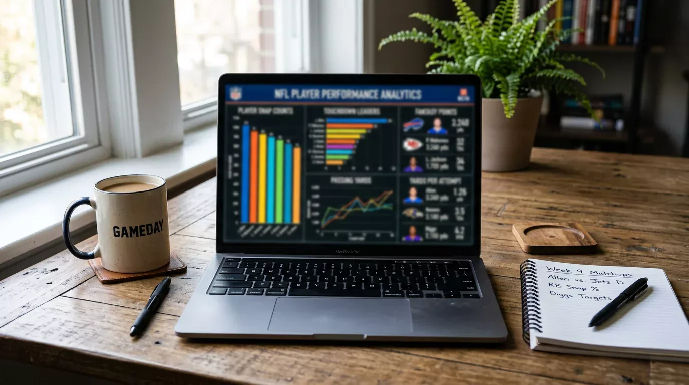 Laptop displaying NFL player stats and advanced analytics charts on screen