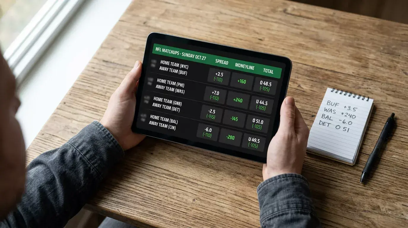 Close-up of a sportsbook screen displaying NFL point spread and moneyline odds in American and fractional formats