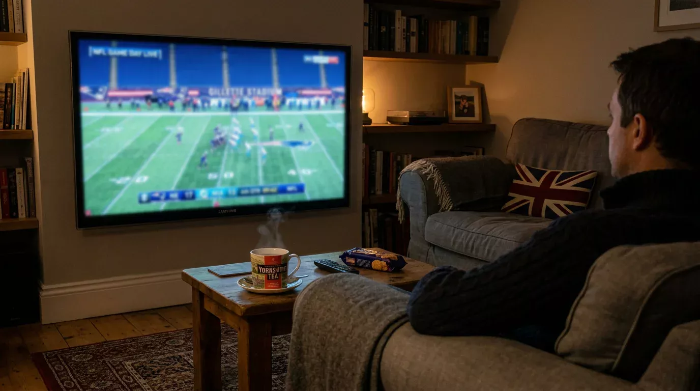 NFL game broadcast on a television screen in a British living room setting