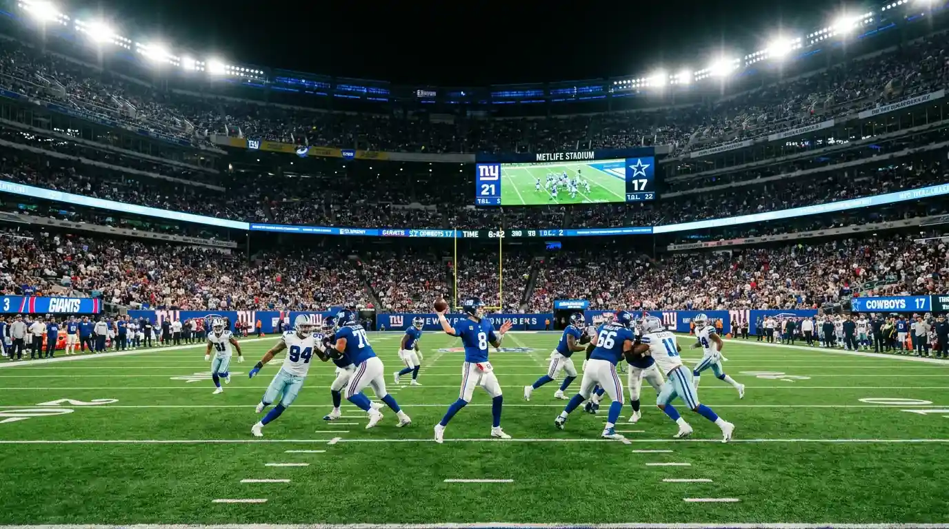 NFL game action under stadium floodlights with the scoreboard visible in the background