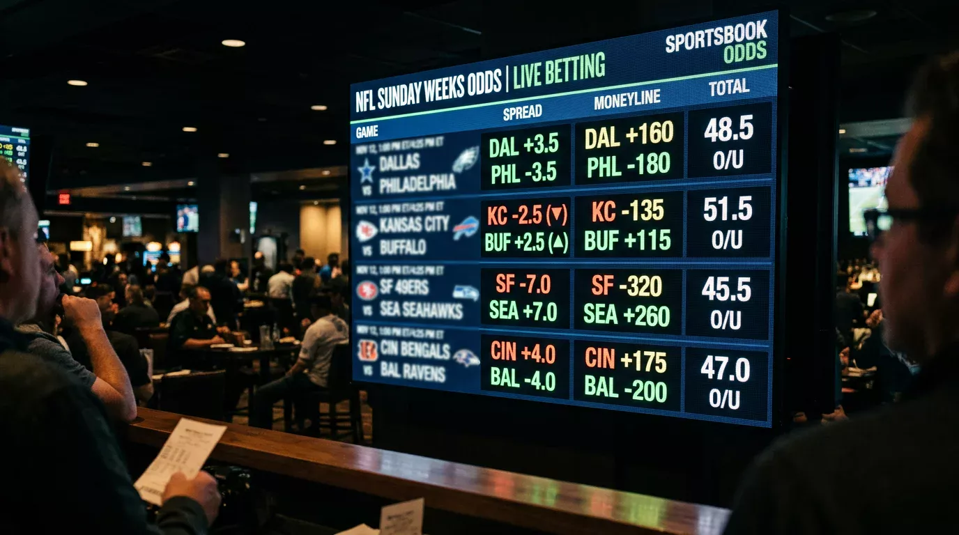 Digital odds board at a sportsbook displaying NFL point spreads and moneylines