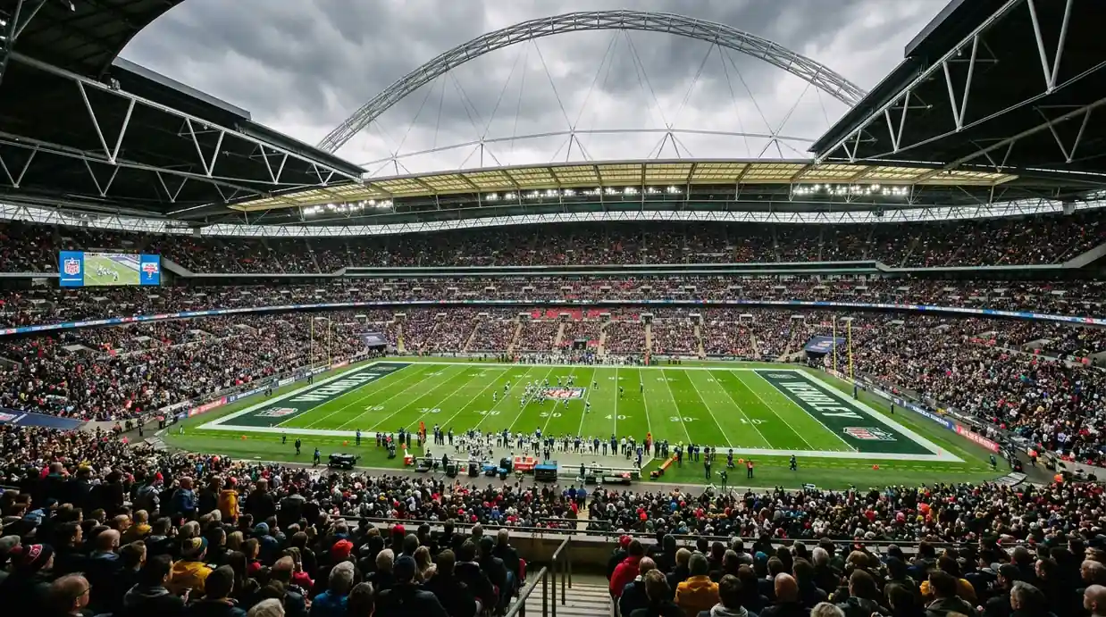Packed Wembley Stadium during an NFL London Games regular-season match with American football field markings visible on the pitch